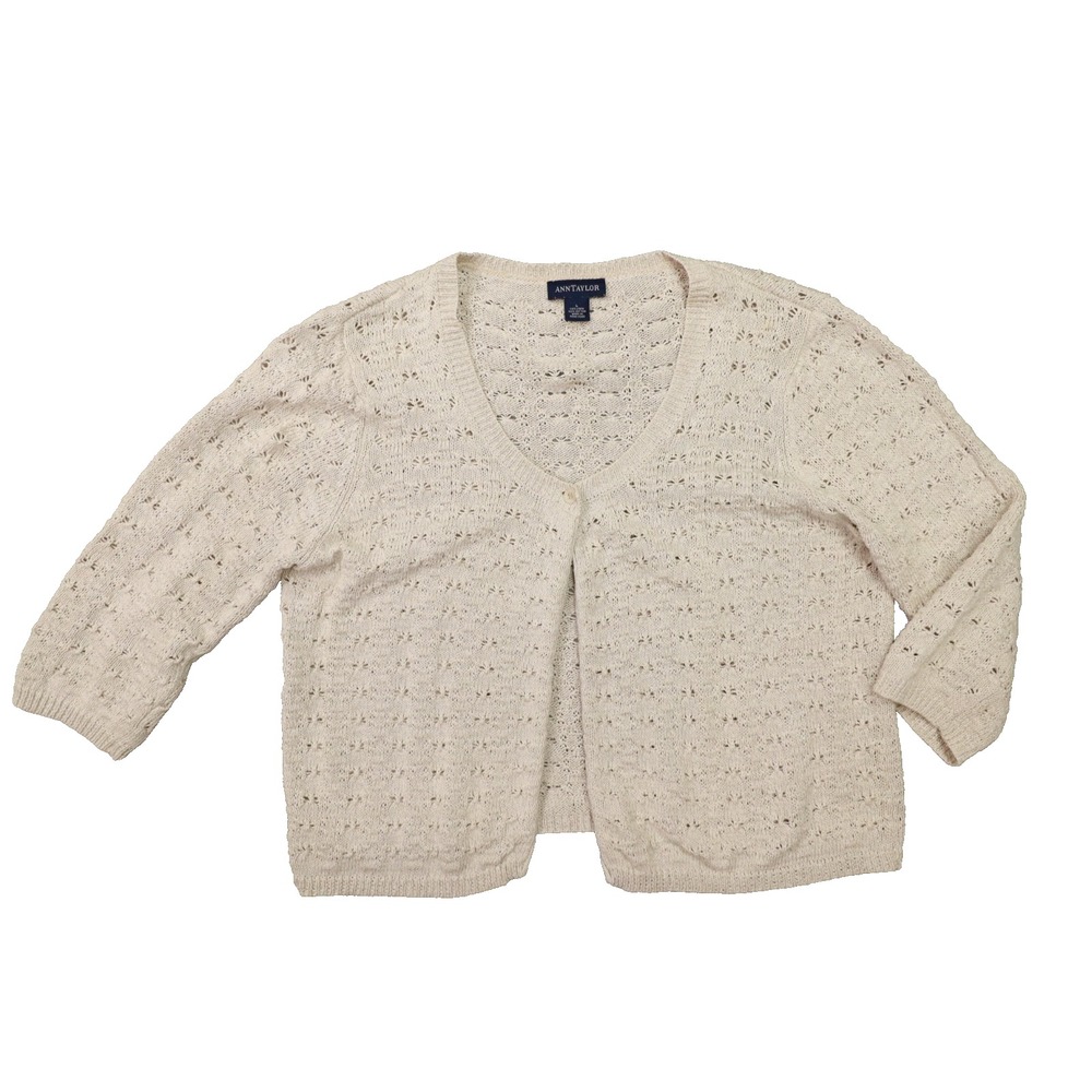 Ann Taylor Vintage Linen Cotton Blend Crochet‎ Knit Cardigan Sweater size Large